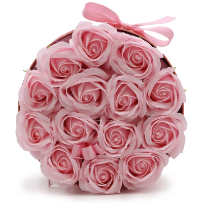Mydlany Flower Box - 14 Różowych Róż w Okrągłym Pudełku