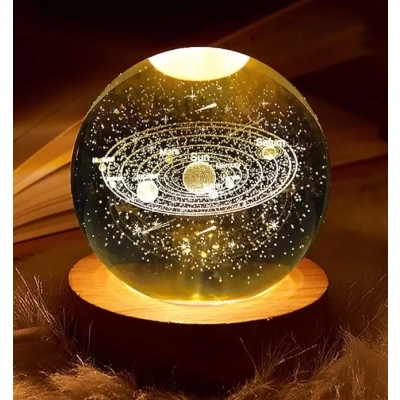 Kryształowa Kula LED - Układ Słoneczny na Drewnianej Podstawie USB