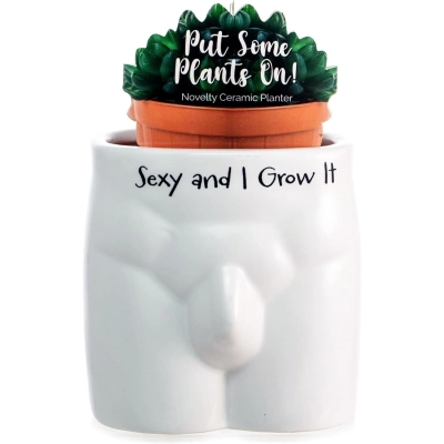 Odważna Doniczka w kształcie Męskiej Sylwetki z napisem „Sexy and I Grow It”