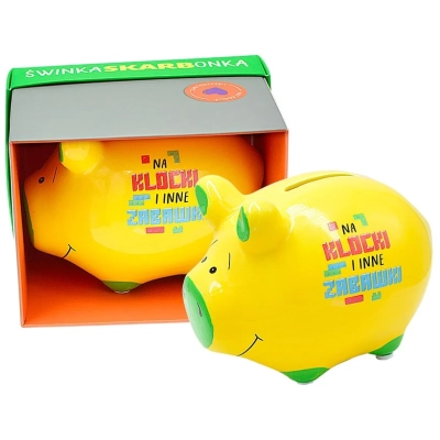 Skarbonka Świnka z napisem „NA KLOCKI I INNE ZABAWKI”