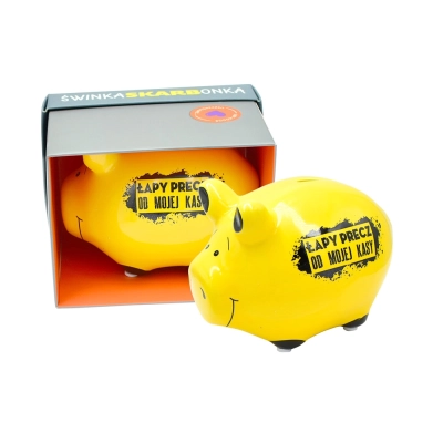 Skarbonka Świnka z napisem „ŁAPY PRECZ OD MOJEJ KASY”