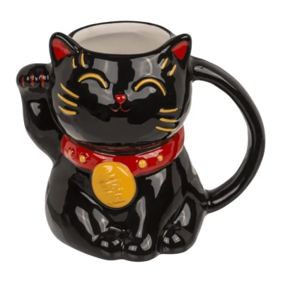 Czarny Kubek Lucky Cat - Kot Szczęścia 500 ml - Motyw Japońskiego Kota Maneki-neko