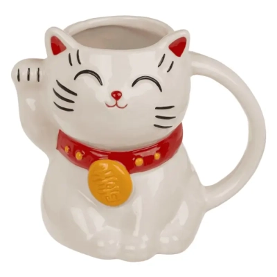 Biały Kubek Lucky Cat - Kot Szczęścia 500 ml - Motyw Japońskiego Kota Maneki-neko