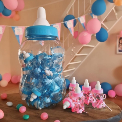 NIEBIESKI Zestaw na Baby Shower, Chrzciny, Podziękowania dla Gości - BUTLA + 30 MINI BUTELEK