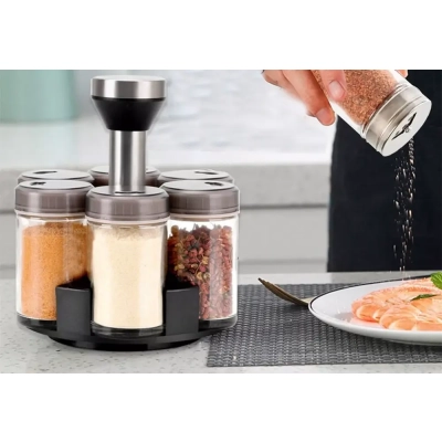 Przyprawnik Organizer Obrotowy 360° na Przyprawy - 6 Szklanych Pojemników z Dozownikiem