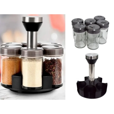 Przyprawnik Organizer Obrotowy 360° na Przyprawy - 6 Szklanych Pojemników z Dozownikiem