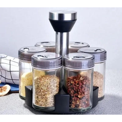 Przyprawnik Organizer Obrotowy 360° na Przyprawy - 6 Szklanych Pojemników z Dozownikiem