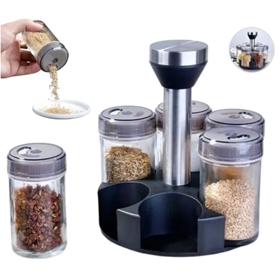 Przyprawnik Organizer Obrotowy 360° na Przyprawy - 6 Szklanych Pojemników z Dozownikiem