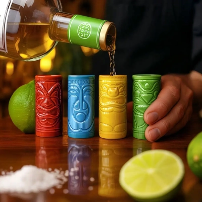 Kolorowe Kieliszki Tiki do Shotów - Ceramiczny Zestaw w Tropikalnym Stylu