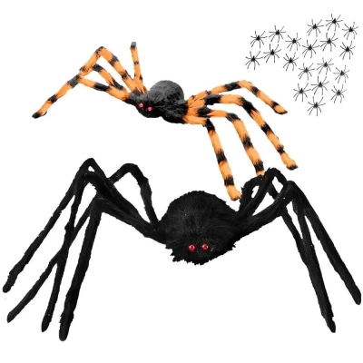 Straszna Dekoracja na Haloween - 2x Gigantyczny Pająk + Pajęczyna + 20 Pająków