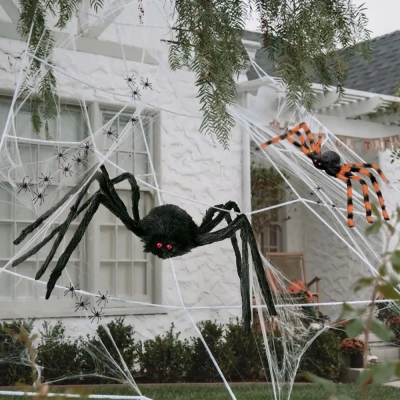Straszna Dekoracja na Haloween - 2x Gigantyczny Pająk + Pajęczyna + 20 Pająków