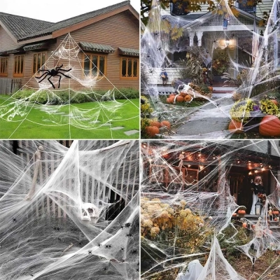 Straszna Dekoracja na Haloween - 2x Gigantyczny Pająk + Pajęczyna + 20 Pająków