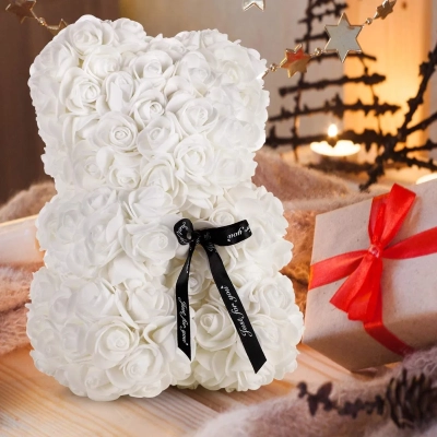 Biały Miś z Róż - 25 cm + Pudełko na Prezent